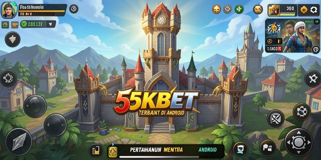 Screenshot gameplay 55KBET yang menunjukkan menara bertahan melawan serangan musuh.