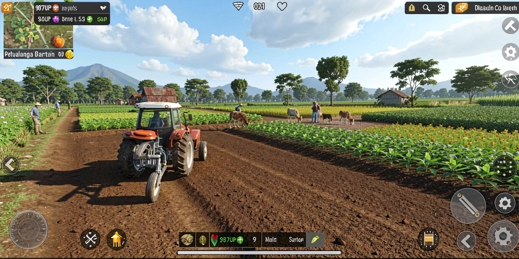 Screenshot gameplay 987UP menampilkan ladang hijau berwarna cerah dengan berbagai tanaman.