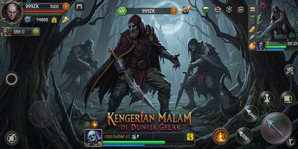 Tangkapan layar menunjukkan gameplay menyeramkan 999ZK dengan suasana gelap.