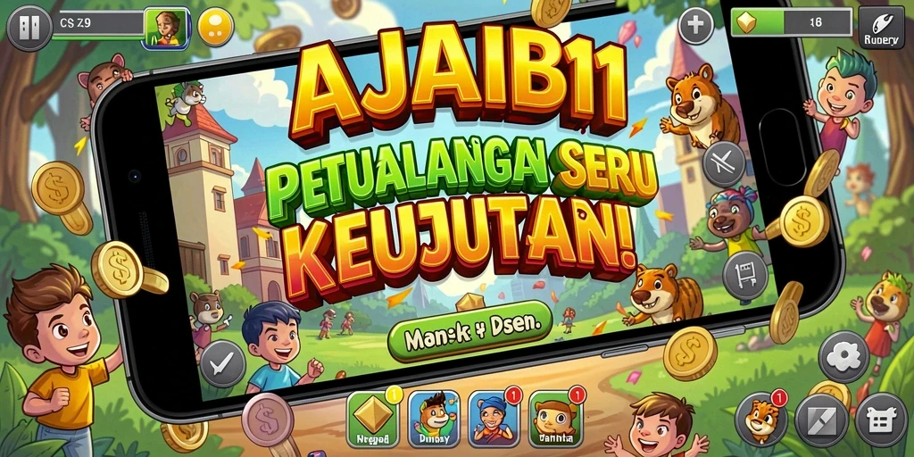 Tampilan permainan AJAIB11 dengan latar belakang yang menakjubkan dan karakter petualang.