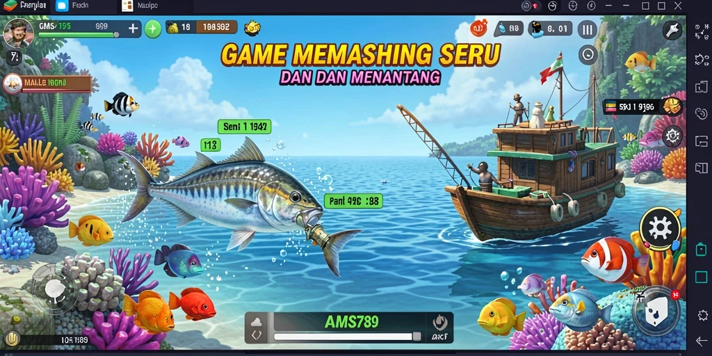 Screenshot utama AMS789 menampilkan aksi memancing yang mendebarkan.