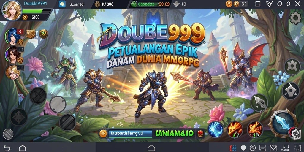 Screenshot gameplay DOUBLE999 yang menampilkan peperangan epik antara karakter.