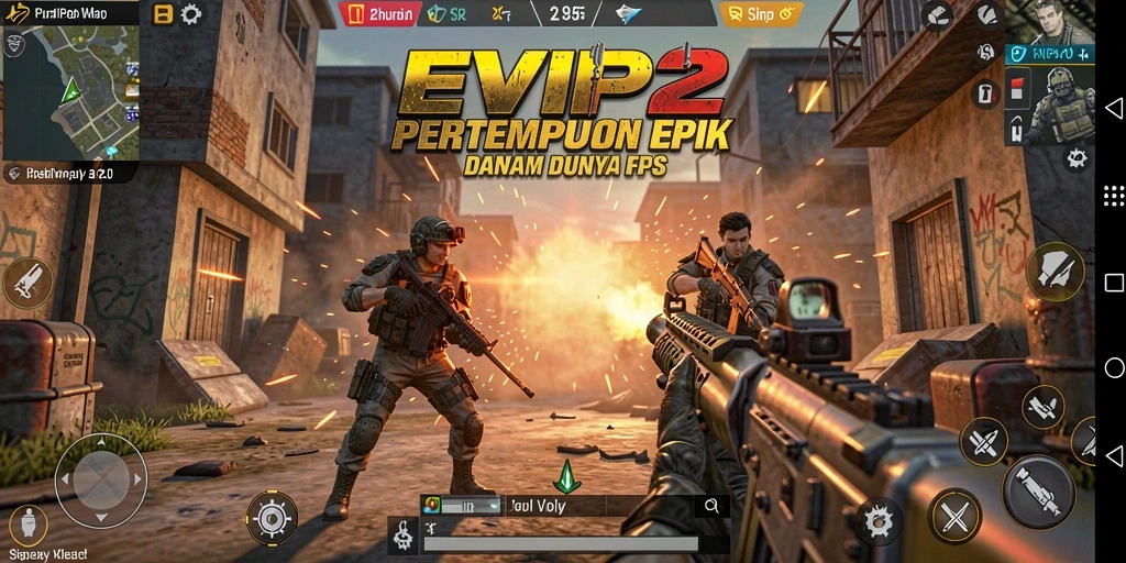 Tangkapan layar utama EVIP2 menampilkan aksi tembak-menembak yang intens.