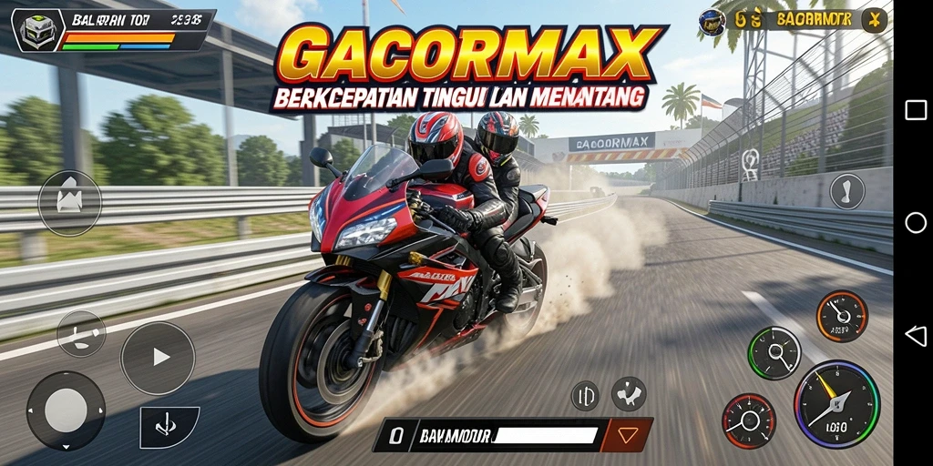 Screenshot menampilkan aksi balapan motor yang mendebarkan di GACORMAX.