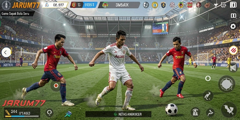 Tampilan gameplay seru dari JARUM77 dengan aksi sepak bola yang mendebarkan.