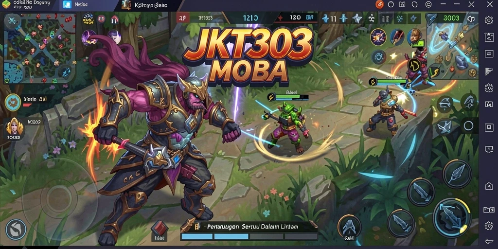 Screenshot gameplay JKT303 menampilkan pertarungan MOBA yang intens.