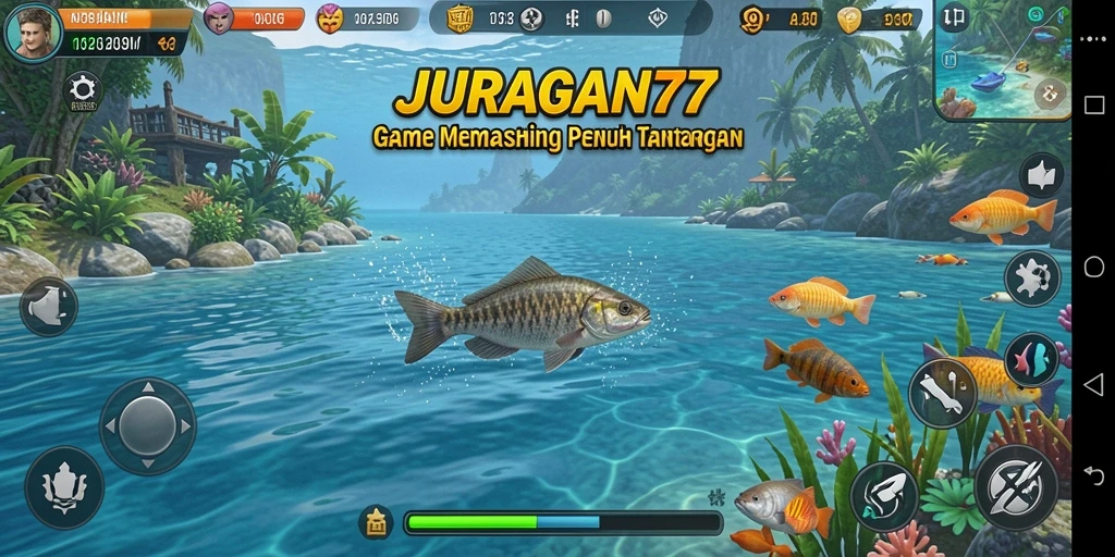 Tampilan gameplay JURAGAN77 yang menarik saat memancing di danau.