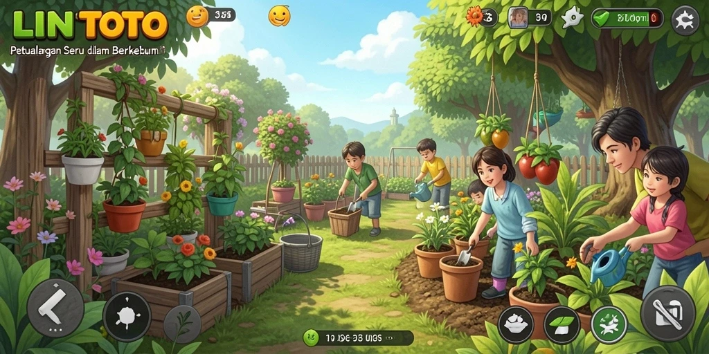 Screenshot LINITOTO menampilkan ladang hijau dengan berbagai tanaman dan hewan peliharaan.