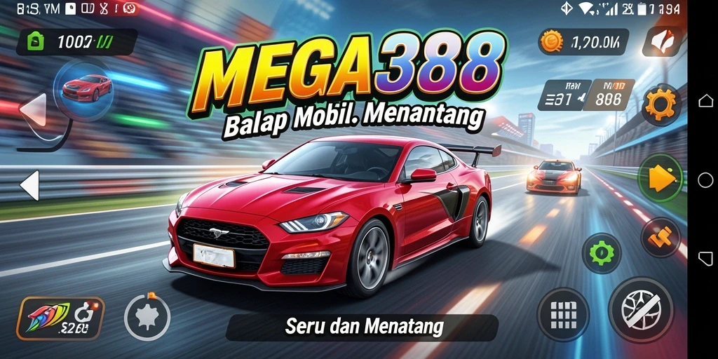 Gameplay seru MEGA388 dengan mobil balap yang cepat dan aksi mendebarkan.