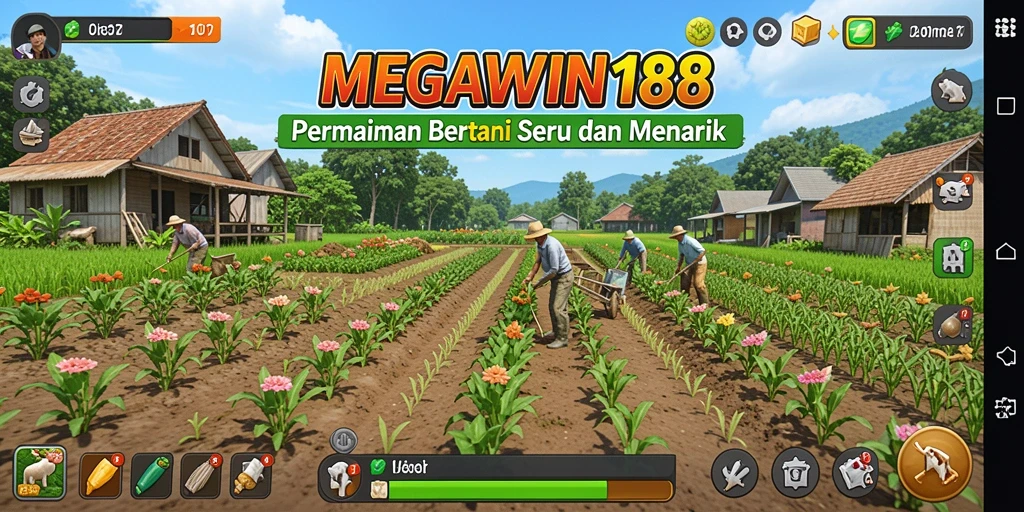 Screenshot gameplay MEGAWIN188 menunjukkan ladang yang subur dan tanaman yang siap dipanen.