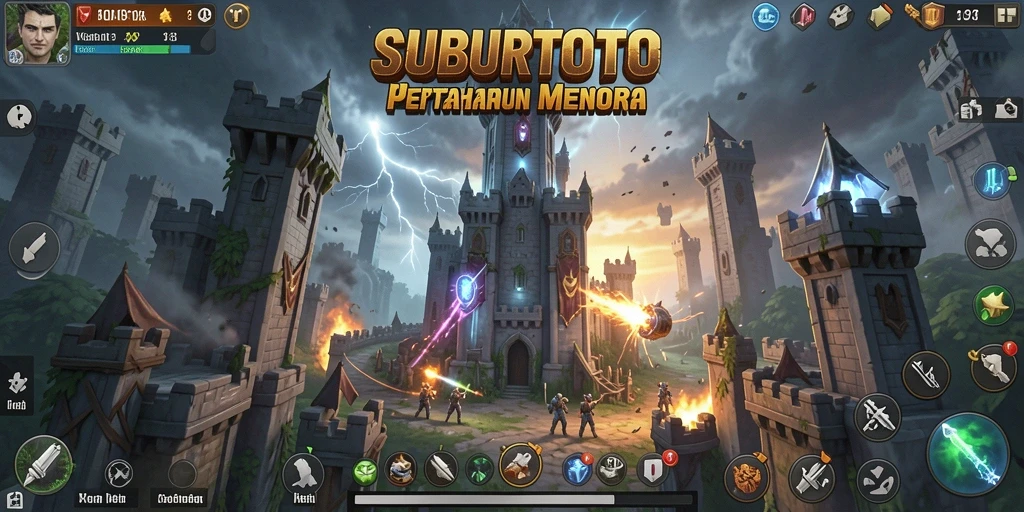 Tampilan gameplay menegangkan di SUBURTOTO dengan menara dan musuh yang beragam.