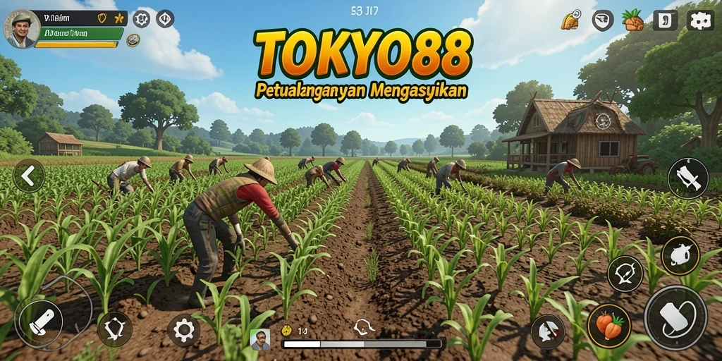 Screenshot utama TOKYO88 menampilkan aktivitas bertani yang seru dan interaktif.