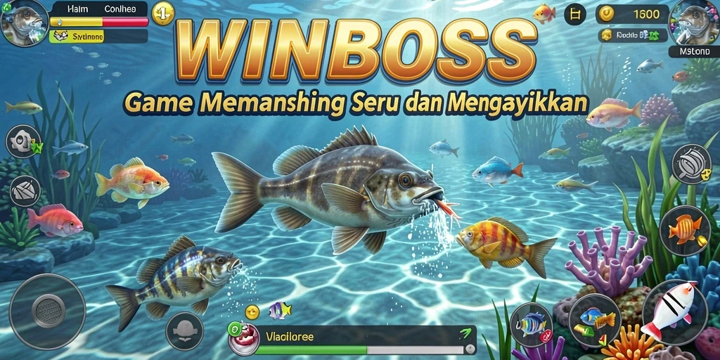 Screenshot gameplay WINBOSS dengan ikan besar yang ditangkap.